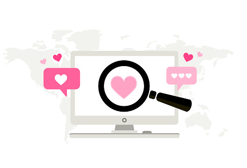 Online dating. Virtual relationships. Dating applications concept. Flat vector illustration with desktop computer. Find love.