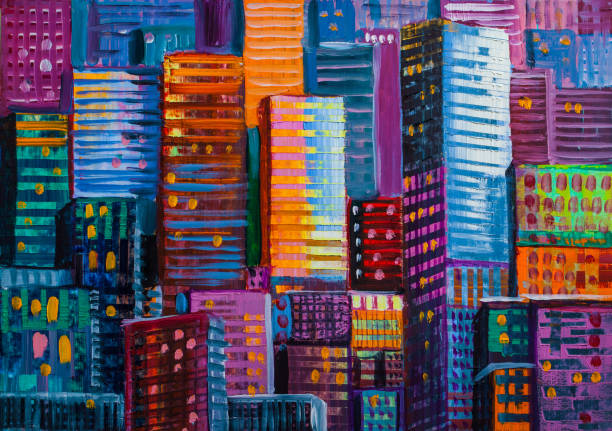 ilustraciones, imágenes clip art, dibujos animados e iconos de stock de pintura abstracta de los rascacielos urbanos. - pintura producto artístico