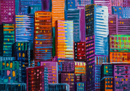 Artistic painting of skyscrapers. Abstract style. Cityscape oil paints.
