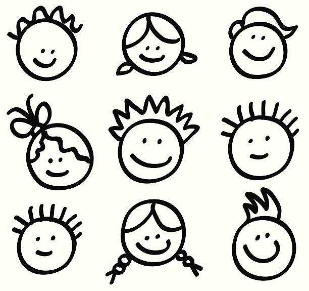 illustrazioni stock, clip art, cartoni animati e icone di tendenza di lineart testa cartoni animati bambini - drawing child childs drawing family