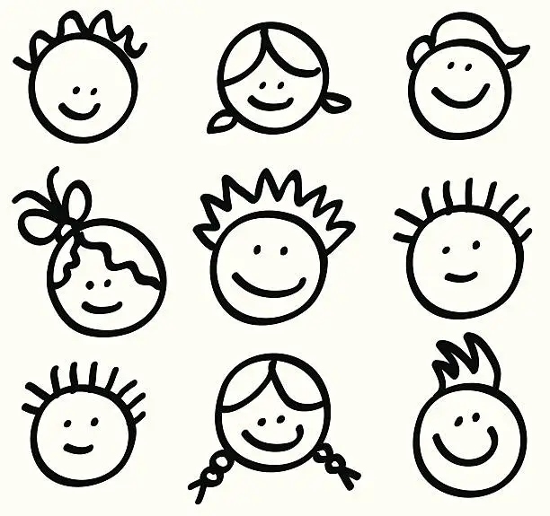 Vector illustration of lineart children head cartoons