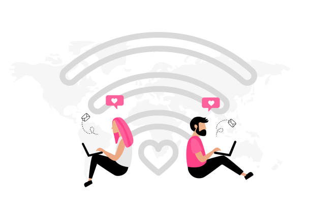 Virtual relationships Online dating. Virtual relationships. Dating applications concept. Flat vector illustration with male and female chatting. Find love. internet dating stock illustrations