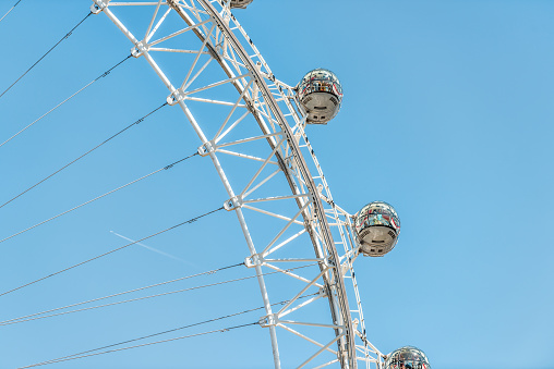 London, UK - June 25, 2018: View on London Eye on summer day with blue clear sky and people riding in capsules on Cantilevered observation wheel