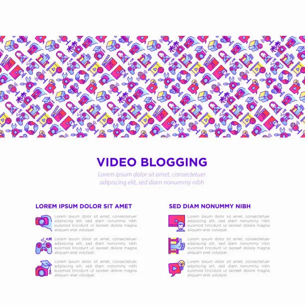 Vector illustration of Video blogging concept with thin line icons: vlog, ASMR, mukbang, unboxing, DIY, stream game, review, collaboration, podcast, tips and tricks. Vector illustration, print media template.