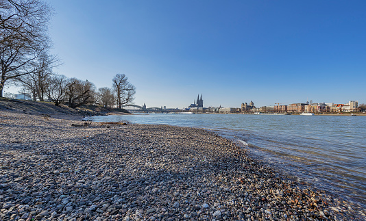 Cologne - View from Water Side of River Rhine towards Cathedral and Hohenzollern-Bridge, North-Rhine-Westphalia, Germany, Cologne, 23.02.2018