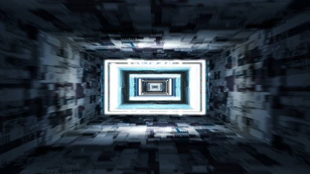 istock Digital Tunnel with cold blue light. Geometrical shapes 1091834044