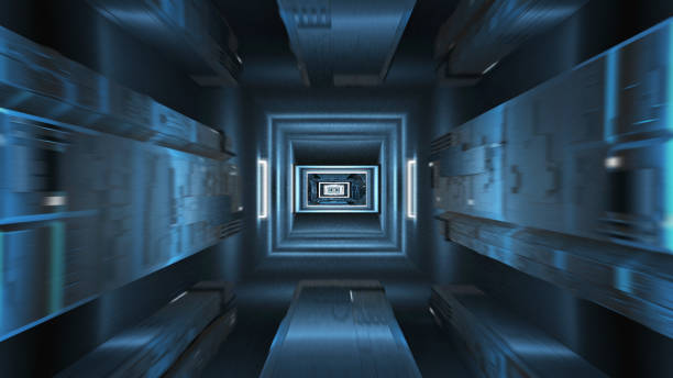 istock Digital Tunnel with cold blue light. Geometrical shapes 1091834082