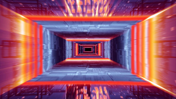 istock Digital, purple tunnel with red light. Geometrical shapes 1091834106