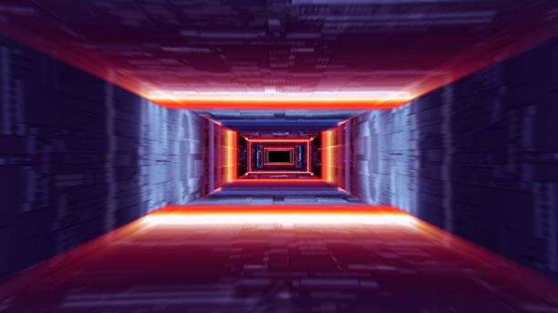 istock Digital, purple tunnel with red light. Geometrical shapes 1091834108
