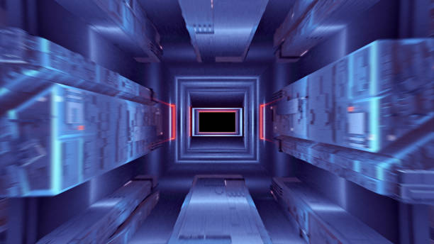 istock Digital, purple tunnel with red light. Geometrical shapes 1091834124