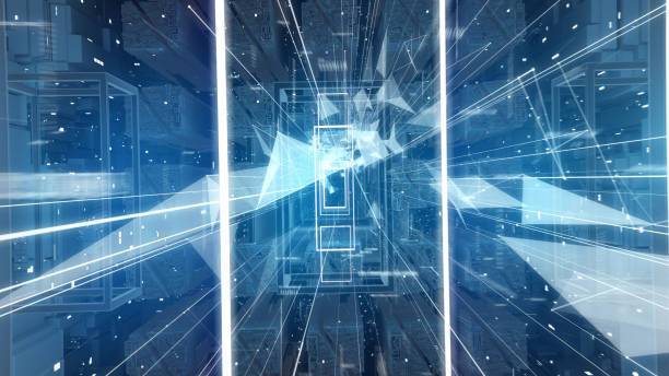 istock Digital Tunnel with cold blue light. Geometric shapes 1091834260