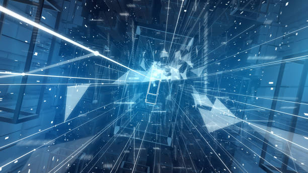 istock Digital Tunnel with cold blue light. Geometric shapes 1091834276