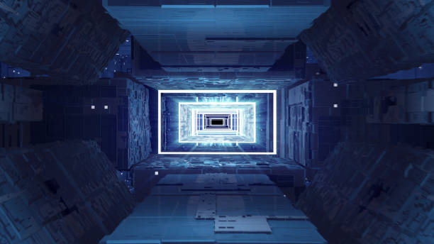istock Digital Tunnel with cold blue light. Geometric shapes. Mother board 1091834314