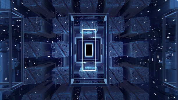 istock Digital Tunnel with cold blue light. Geometric shapes. Mother board 1091834342