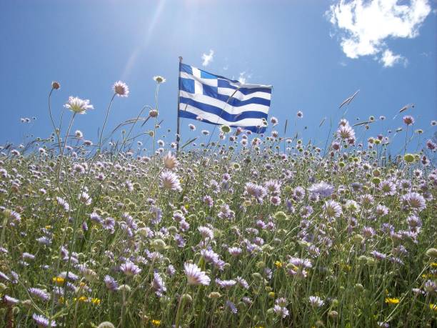 bandeira da grécia contra o céu azul. - greece crisis finance debt - fotografias e filmes do acervo