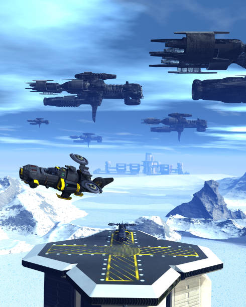 istock Spaceship's fleet flying over a space base in an alien planet with mountains and ice, 3d illustration 1091836818