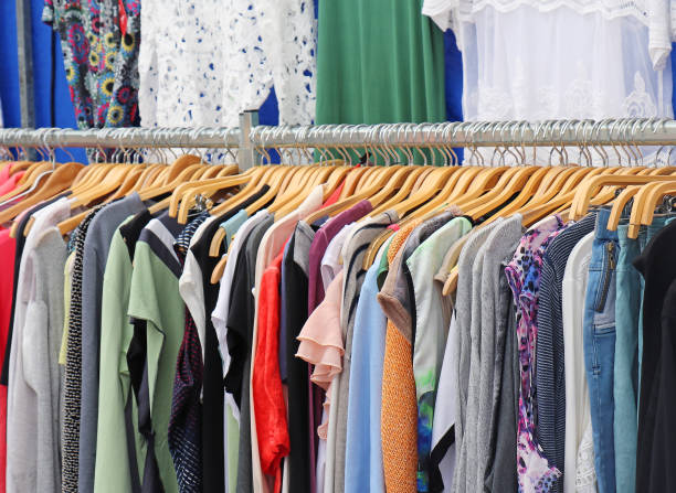 istock Stack of clothes sold on market 1091838066