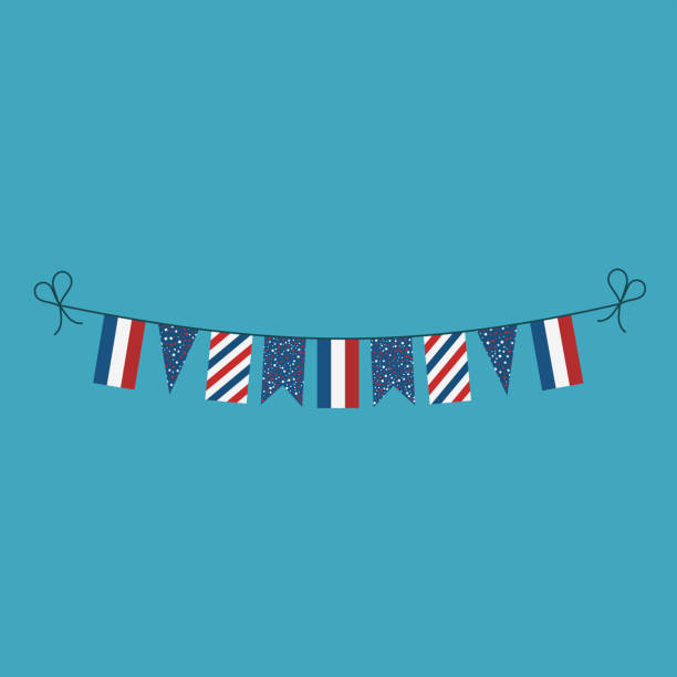 Decorations bunting flags for France national day holiday in flat design Decorations bunting flags for France national day holiday in flat design. Independence day or National day holiday concept. french flag clip art stock illustrations