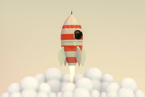 3d rendern retro rocket mit wolken - taking off business creativity adventure stock-fotos und bilder