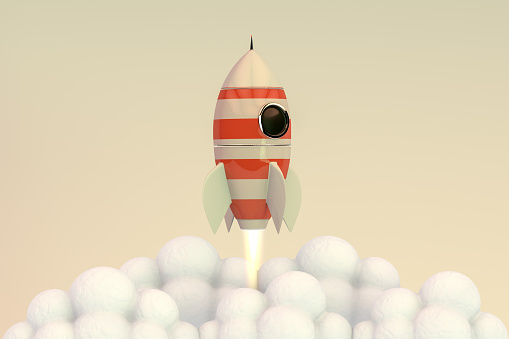 3D Rendering of Retro Rocket Ship with flame on retro color background.