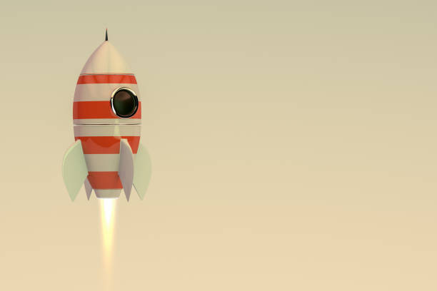 3d-render retro rocket - taking off business creativity adventure stock-fotos und bilder