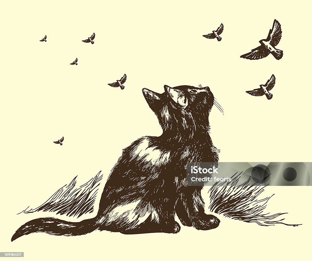 Gato y aves dibujo - arte vectorial de Gato doméstico libre de derechos
