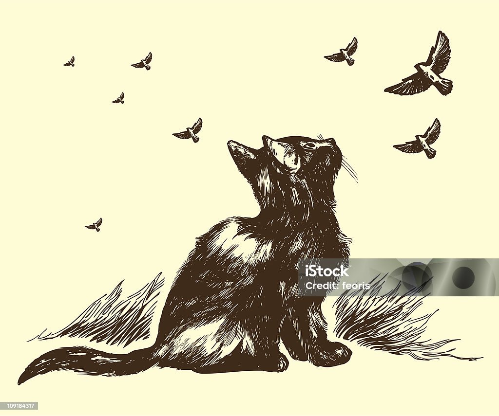 Gatti e uccelli, disegno - arte vettoriale royalty-free di Gatto domestico