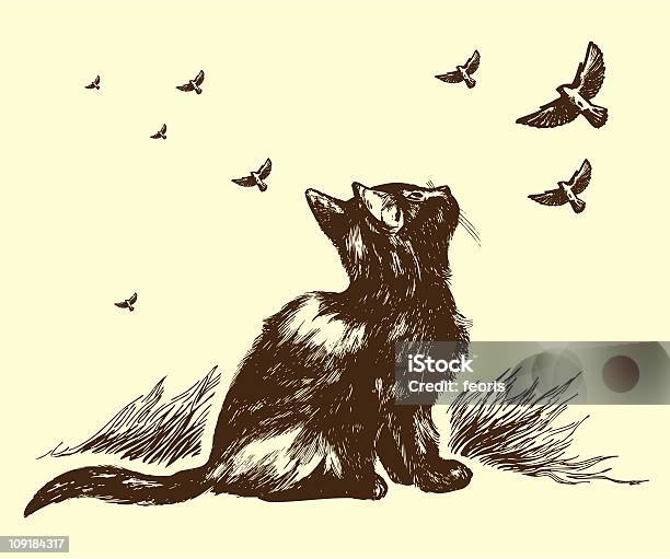 Gatti E Uccelli Disegno - Immagini vettoriali stock e altre immagini di Gatto domestico - Gatto domestico, Guardare in su, Incisione - Tecnica illustrativa