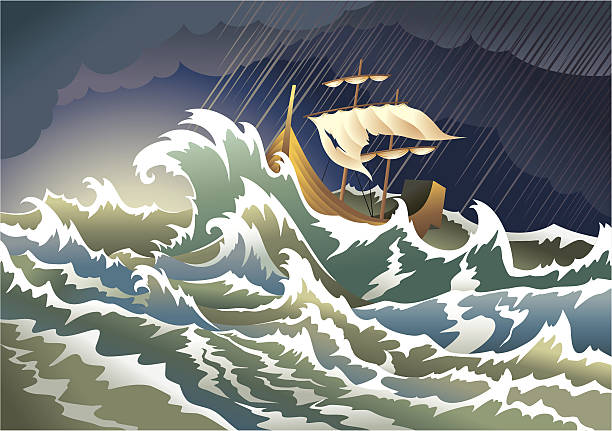 illustrazioni stock, clip art, cartoni animati e icone di tendenza di nave affondare nella tempesta - storm sailing ship sea shipwreck