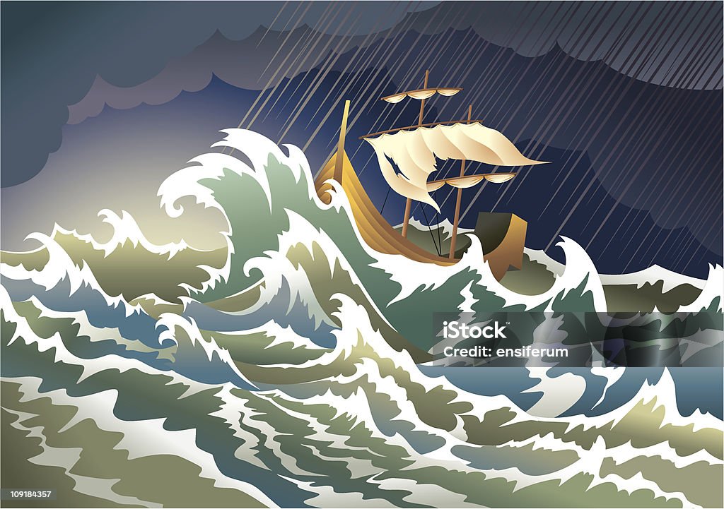 Ship sinking in the storm Storm at the sea, sinking ship, heavy clouds; vector illustration Storm stock vector
