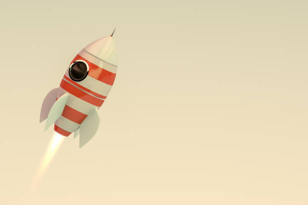 3d-render retro rocket - taking off business creativity adventure stock-fotos und bilder