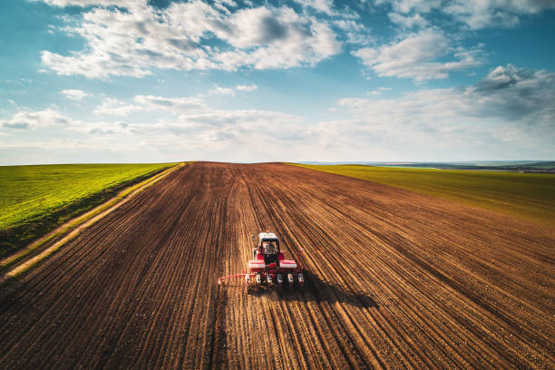 farmer in tractor preparing farmland with seedbed for the next year - seedbed imagens e fotografias de stock