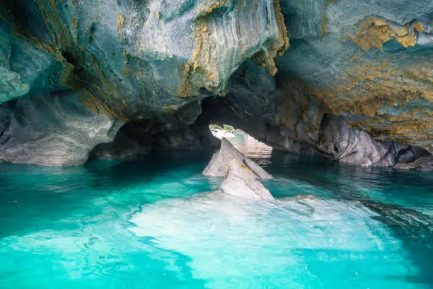 marble caves (Capillas del Marmol). General Carrera lake also called Lago Buenos Aires. North of Patagonia. Chile. Blue color