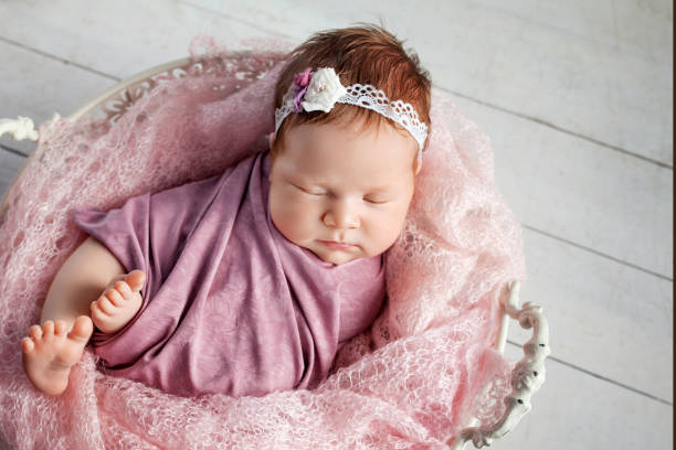 Sweet newborn baby girl sleeps  in the basket. stock photo