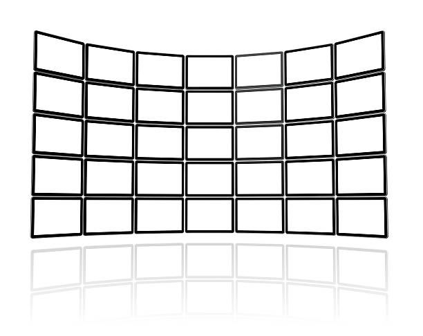 Video wall made of flat tv screens 3D Video wall made of flat tv screens, isolated on white. With 2 clipping paths : global scene clipping path and screens clipping path to place your designs or pictures wall of monitors stock pictures, royalty-free photos & images