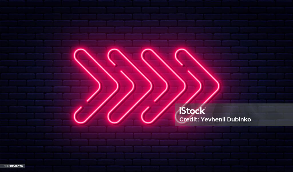 Neon arrow sign. Glowing neon arrow pointer on brick wall background. Retro signboard with bright neon tubes Neon arrow sign. Glowing neon arrow pointer on brick wall background. Retro signboard with bright neon tubes. Vector Neon Lighting stock vector