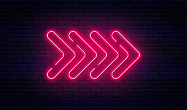 Neon arrow sign. Glowing neon arrow pointer on brick wall background. Retro signboard with bright neon tubes Neon arrow sign. Glowing neon arrow pointer on brick wall background. Retro signboard with bright neon tubes. Vector neon lighting stock illustrations