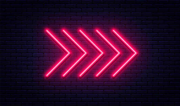 istock Neon arrow sign. Glowing neon arrow pointer on brick wall background. Retro signboard with bright neon tubes 1091858320
