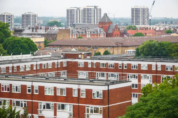 Aerial view of Hoxton area in London with mixture of housing developments