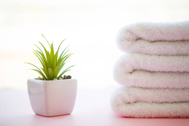 istock Spa Relax And Bath Concept, Stack Clean Bath Towels Colorful Cotton Terry Textile In Bathroom Pink Background, Copy Space 1091872248