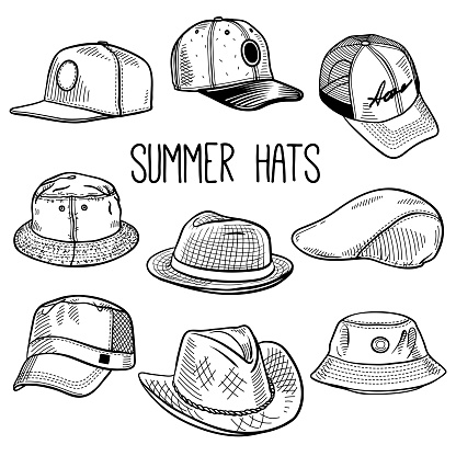 Set of sketches of summer sun hats and caps