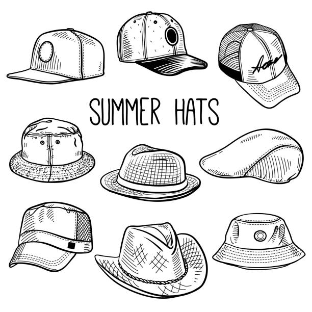 Set of sketches of summer sun hats and caps Set of sketches of summer hats and caps: baseball cap, snap-back cap, panama, fedora hat etc. Vector isolated illustration flat cap stock illustrations