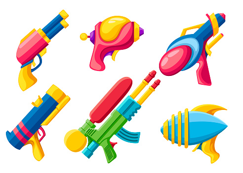 Cartoon gun collection. Flat vector colorful toys. Space laser guns design. Vector illustration isolated on white background.