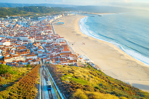 Aerial view of Nazare from Miradouro do Suberco, with funicular. Portugal