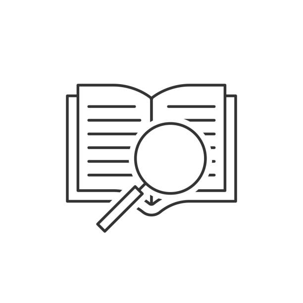 Open book and magnifying glass Open book and magnifying glass outline icon dictionary stock illustrations