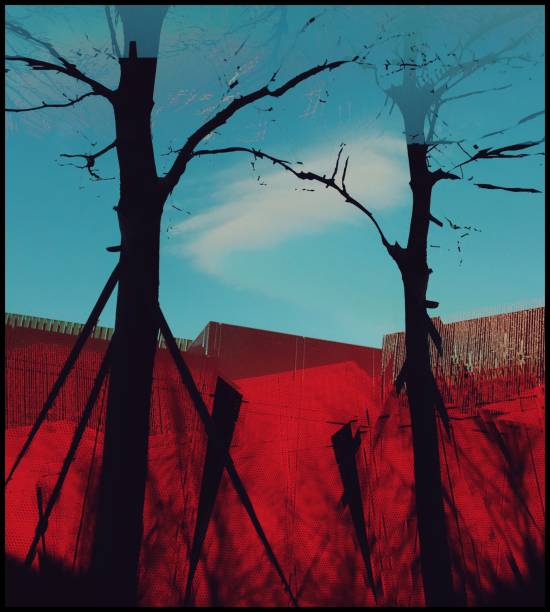 istock Digitally generated view of trees in front of red wall 1091876880