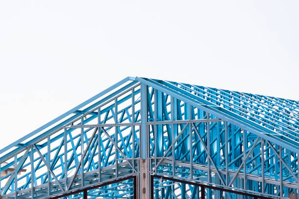 house construction steel frame, background with copy space - construction steel construction frame built structure imagens e fotografias de stock