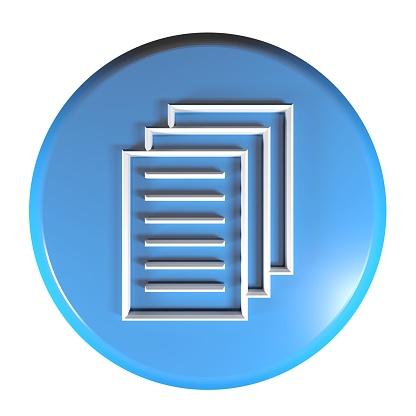 A blue circle push button with the icon of a multiple page document - 3D rendering illustration