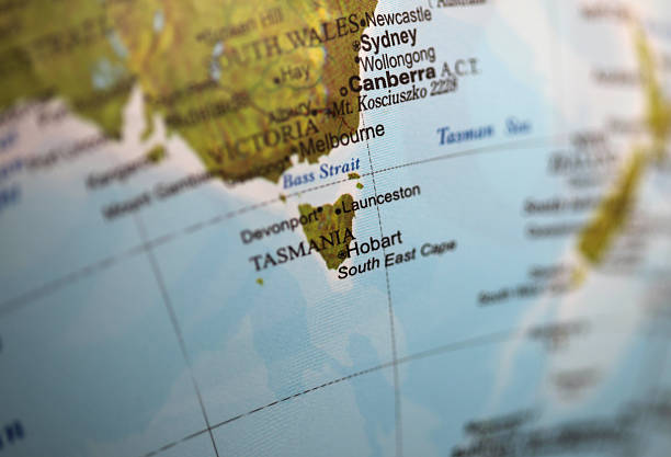 Hobart Closeup of Tasmania on a world globe. Deliberate Shallow depth of field newcastle new south wales photos stock pictures, royalty-free photos & images