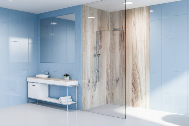 istock Sink and shower in blue bathroom corner 1091883576